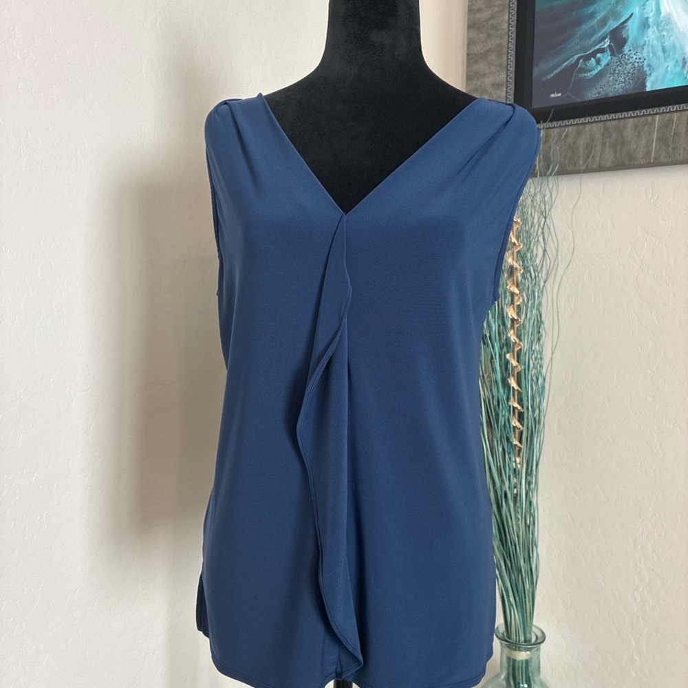 Roz & Ali Blue Sleeveless V-Neck Blouse Draped Front Women’s Medium
